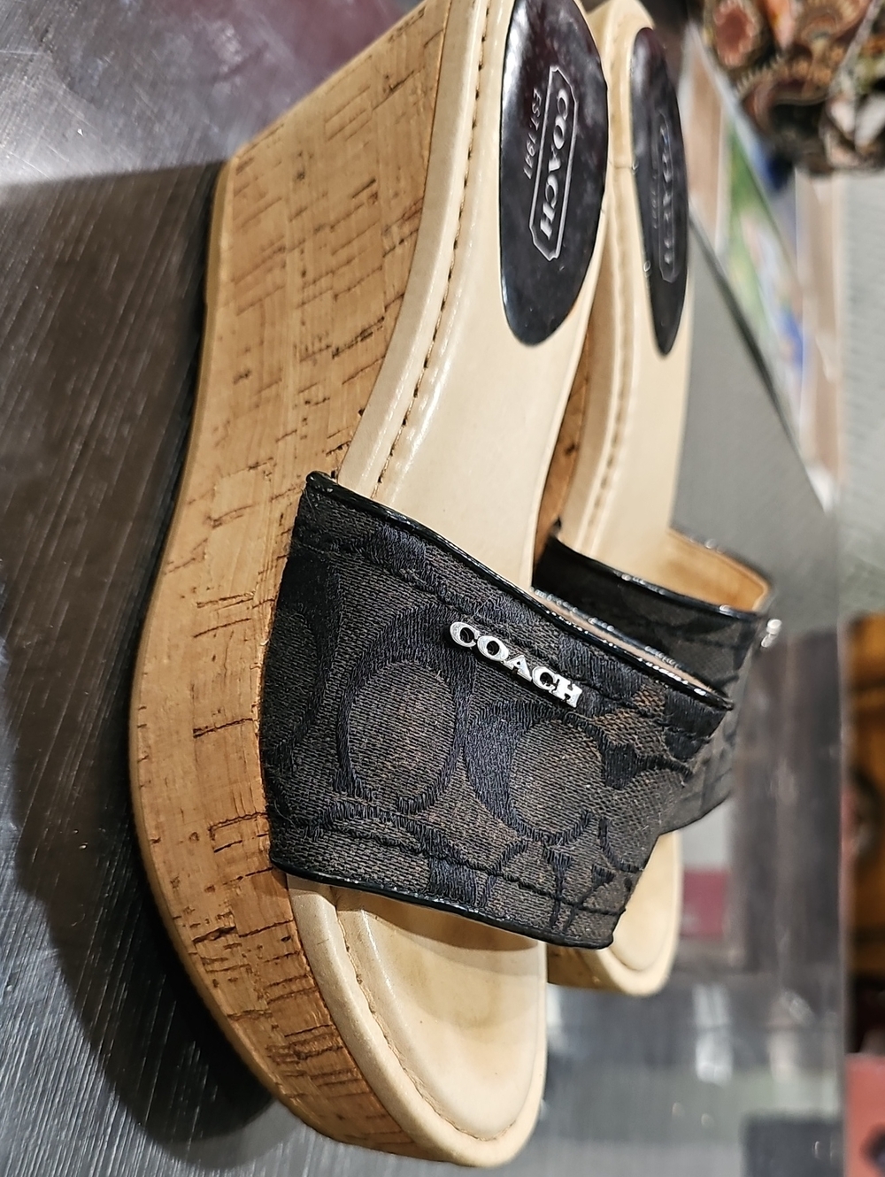Coach Black Signature Cork Wedge Slide Sandals